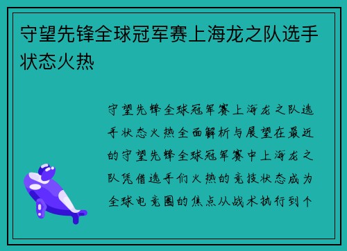 守望先锋全球冠军赛上海龙之队选手状态火热