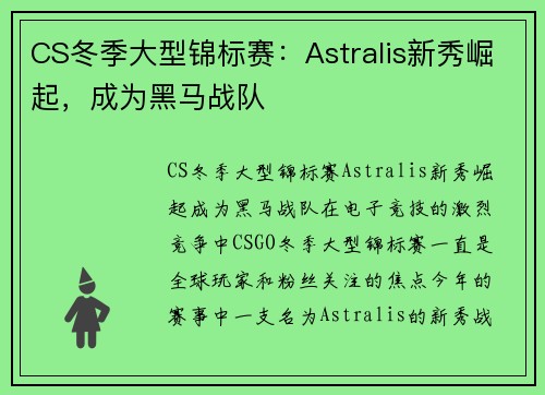 CS冬季大型锦标赛：Astralis新秀崛起，成为黑马战队